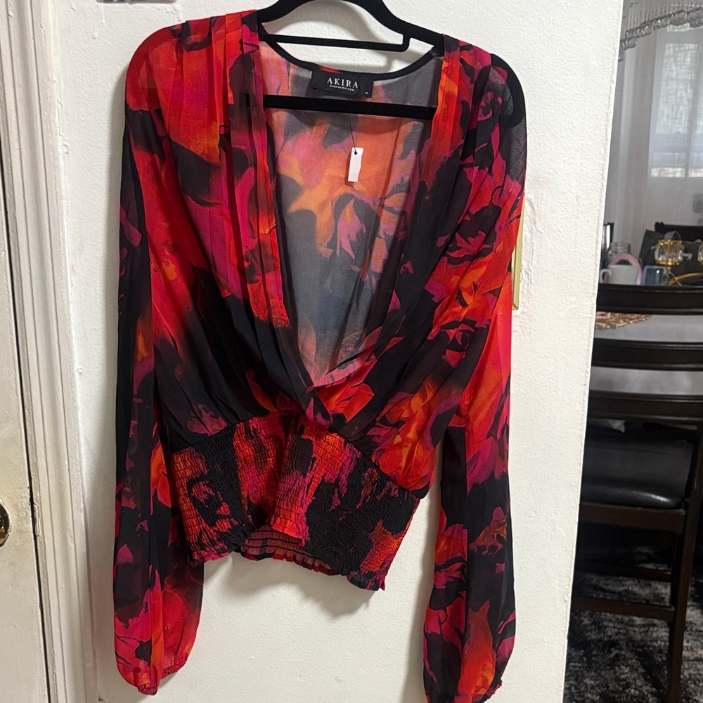 AKIRA Red, Pink & Black Floral Sheer V-Neck Blouse